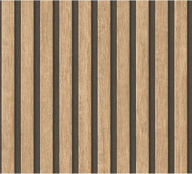Profhome Holz Tapete Streifen Matt in Beige Braun Schwarz, Vlies, 0,53 m x 10,05 m - Bild 1