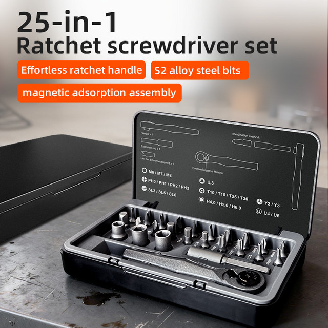 25-in-1 Hand-Ratschenschraubendreher-Set aus Aluminiumlegierung in Silber mit Chrom-Vanadium-Stahl Bits - Bild 1