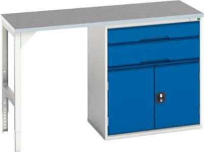 Bott Unterbauwerkbank verso mit Linoleum-Platte, 2 Schubladen, 1 Tür und 1 Ablageboden, Lichtgrau / Enzianblau, B/T/H: 150 x 60 x 93 cm - Bild 1