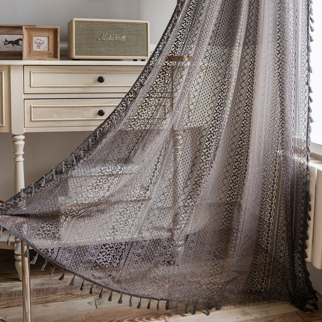 Warm Magpie Home Brokat Vorhang aus Baumwolle mit Quasten und floralem Muster in Grau, Breite: 150 cm, Höhe: 160 cm - Bild 1
