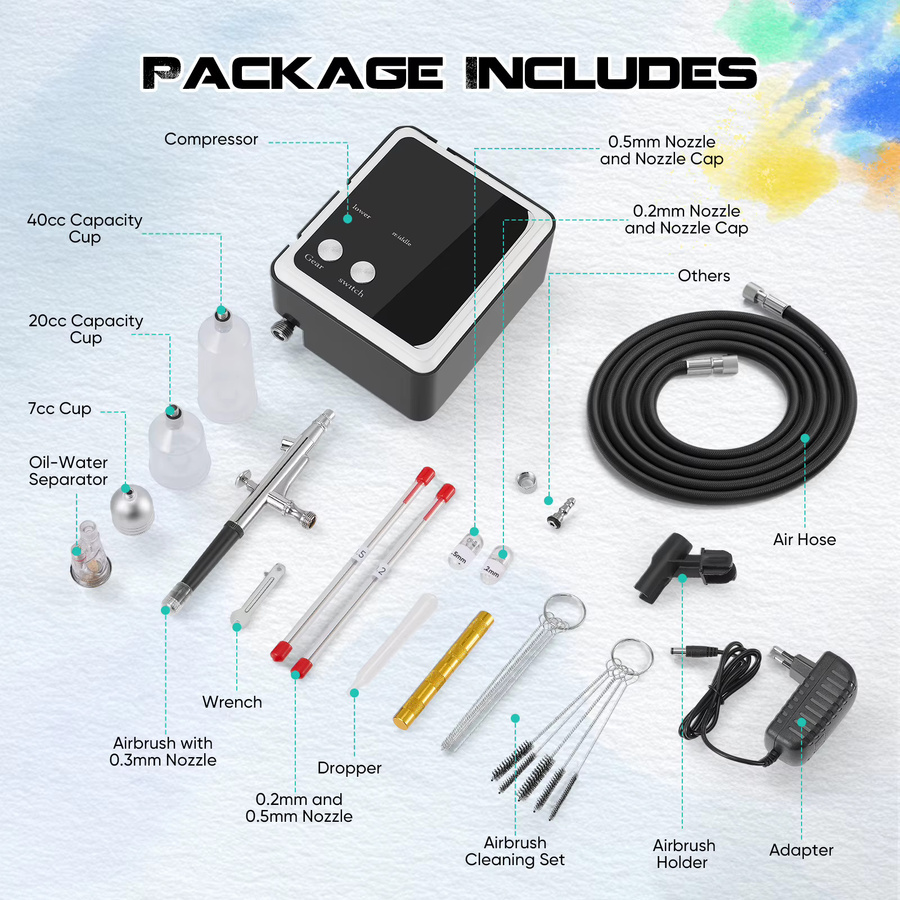 Hochdruck-Airbrush-Set mit 36 PSI Luftkompressor und Dual-Action-Airbrush-Kit inklusive 0,2 mm, 0,3 mm und 0,5 mm Düsen in Gold und Silber - Bild 3