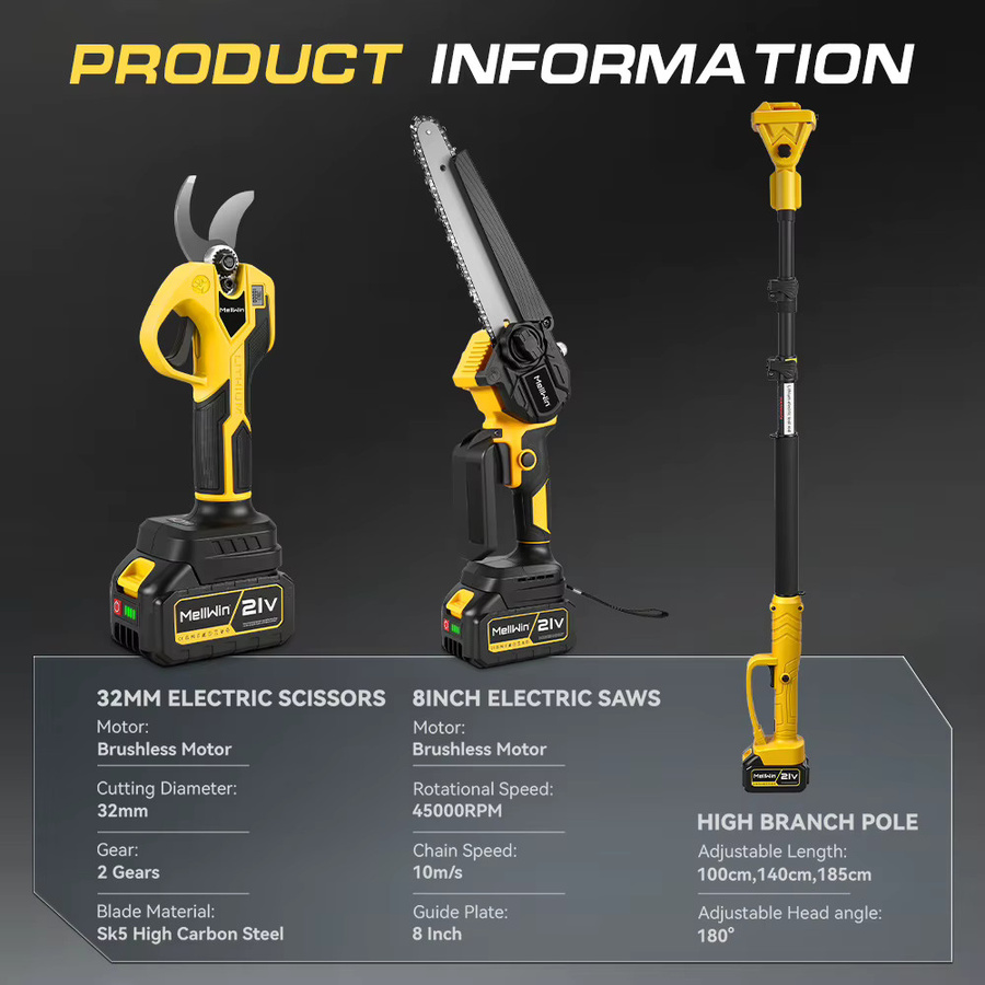 MELLWIN 4-in-1 Gartenpflegewerkzeug Set mit Teleskopstab, 8-Zoll-Kettensäge und 32-mm-Gartenschere in Gelb für Makita 18V Akku LXT - Bild 2