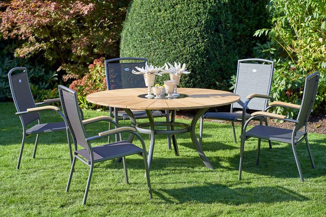 Hartman Provence Raffaelo Garten-Essgruppe aus Alu und Teakholz in Anthrazit und Braun mit 5 Stapelsesseln und integriertem Eiskühler, Durchmesser: 150 cm - Bild 1