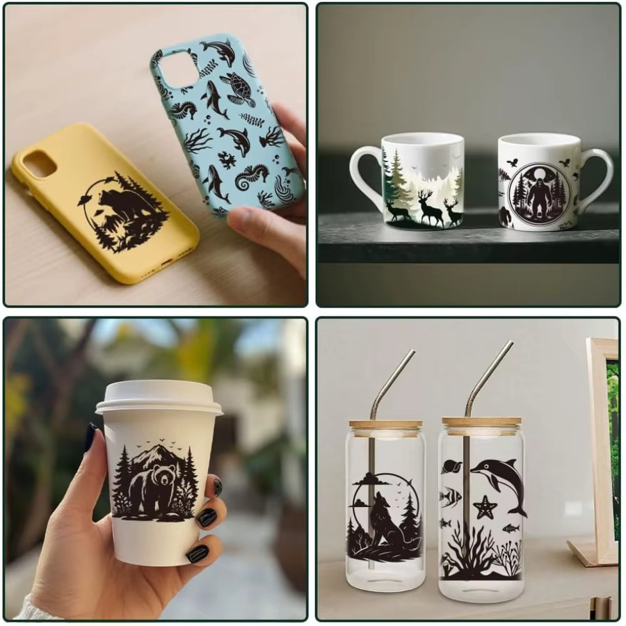 10 Blatt UV DTF Cup Wraps Black Forest Style Rub on Transfer Aufkleber mit Wolf Hirsch und Bär in Multicolor für Glas - Bild 5