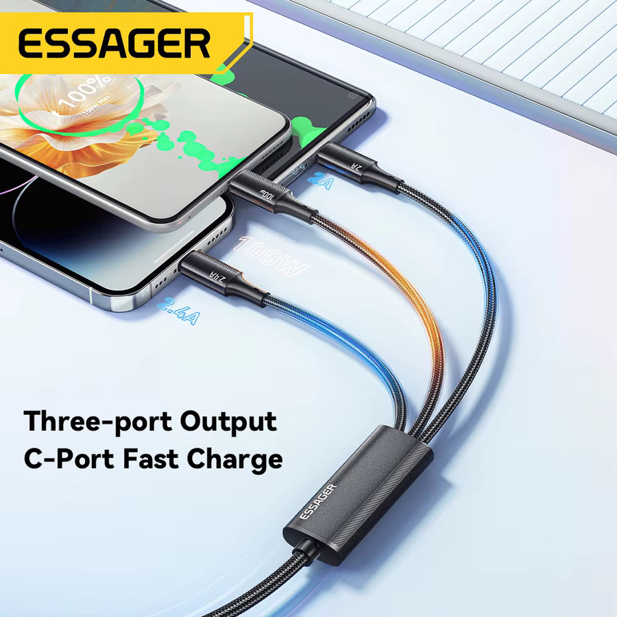 Essager 3-in-1 USB-A auf Typ-C und Lightning Schnellladekabel mit Beleuchtung, 100 W PD Datenkabel in Schwarz - Bild 2