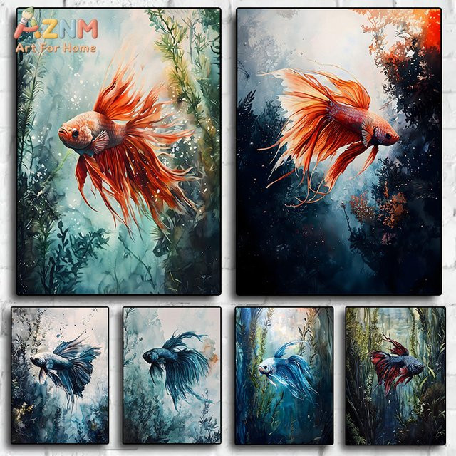 AZNM Aquarell Betta-Fisch Leinwand-Wandkunst, Farbenfroher Siamesischer Kampffisch-Druck in Mehrfarbig, Unterwasser-Heimdekoration - Bild 1