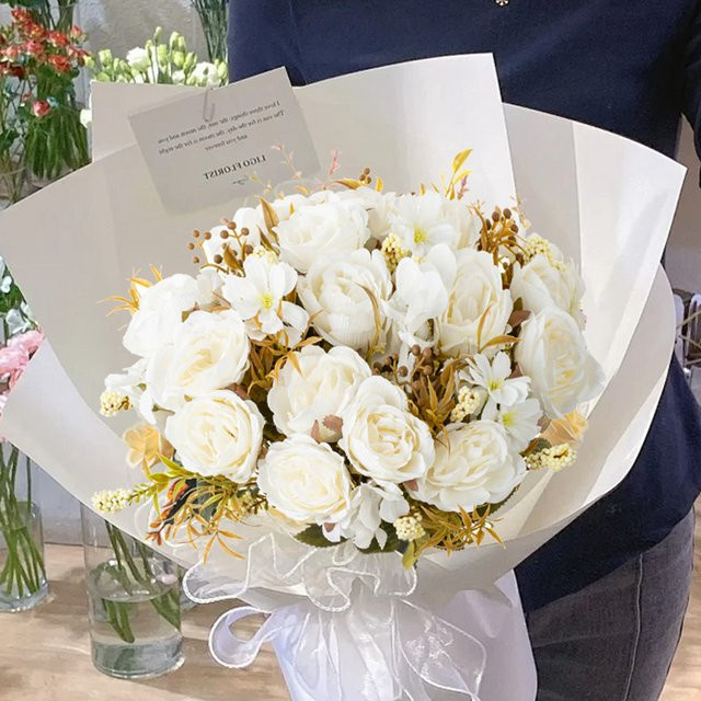 Set aus 1 oder 3 Stück künstliche Seidenrosen und Pfingstrosen in Weiß für Hochzeitsbrautsträuße und Dekorationen im Haus oder Garten - Bild 1