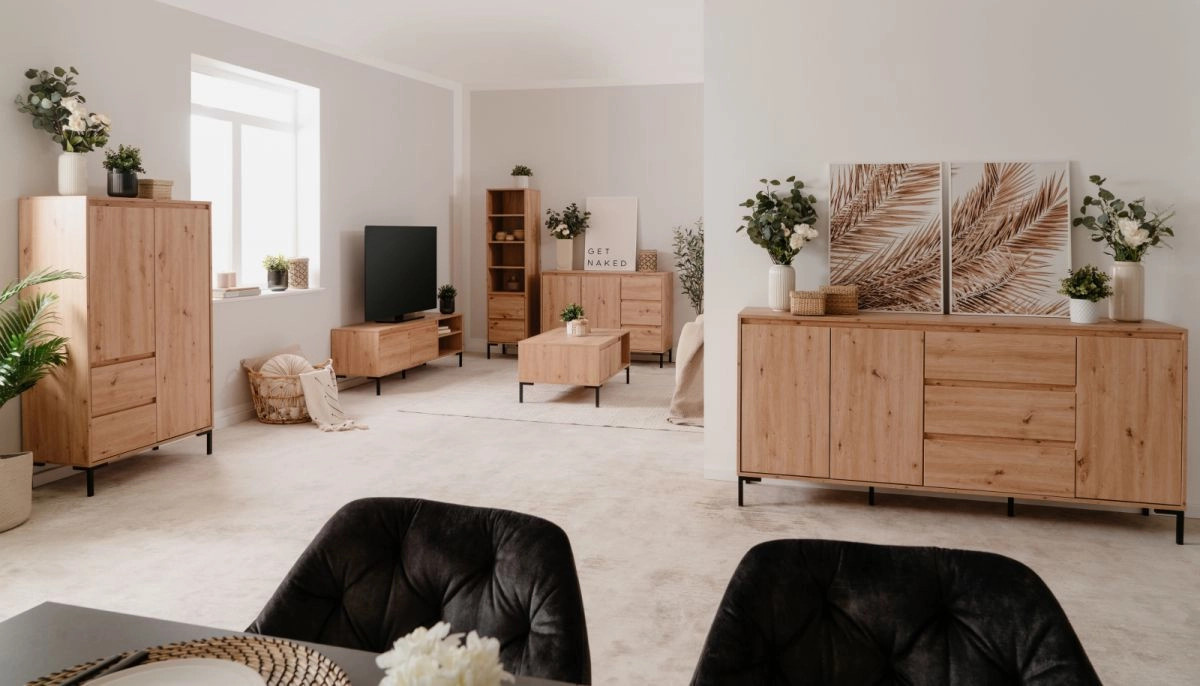 Modernes TV-Lowboard Bastia von Furn.Design in Eiche Artisan mit 2 Klappen und 4 Fächern, B/T/H: 150 x 40 x 49 cm - Bild 3