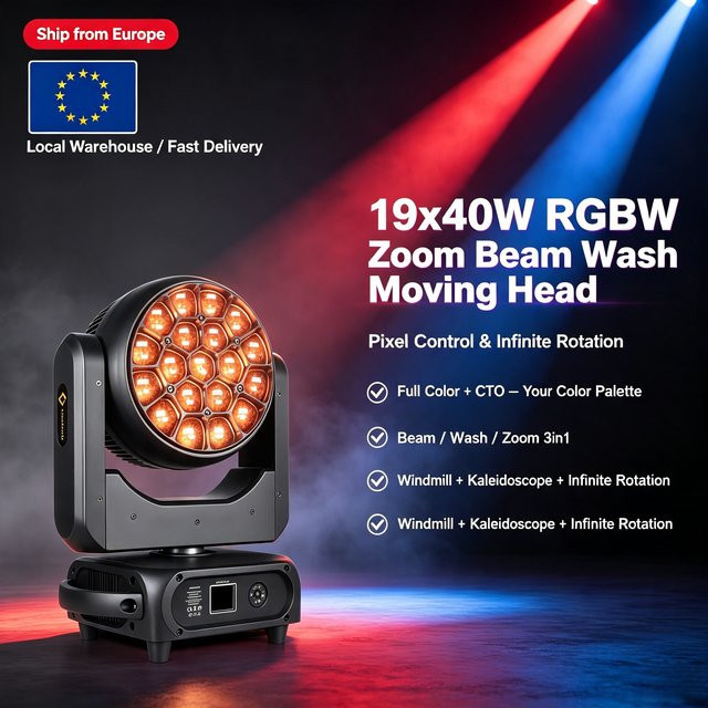 Carinamoba RGBW Zoom Bee Eye Moving Head Wash Light mit 19x40W LED und einstellbarem Fokus, Schwarz - Bild 1