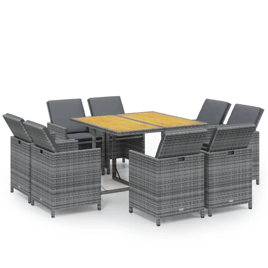 vidaXL 9-teilige Garten-Essgruppe aus Poly-Rattan und massivem Akazienholz in Grau mit Kissen - Bild 2