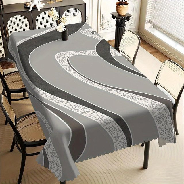 JMG Household Supplies Tischdecke mit abstraktem Wellenmuster und floralem Rand in Grau und Weiß, fleckenabweisend und wasserabweisend, B: 140 cm, L: 200 cm - Bild 1