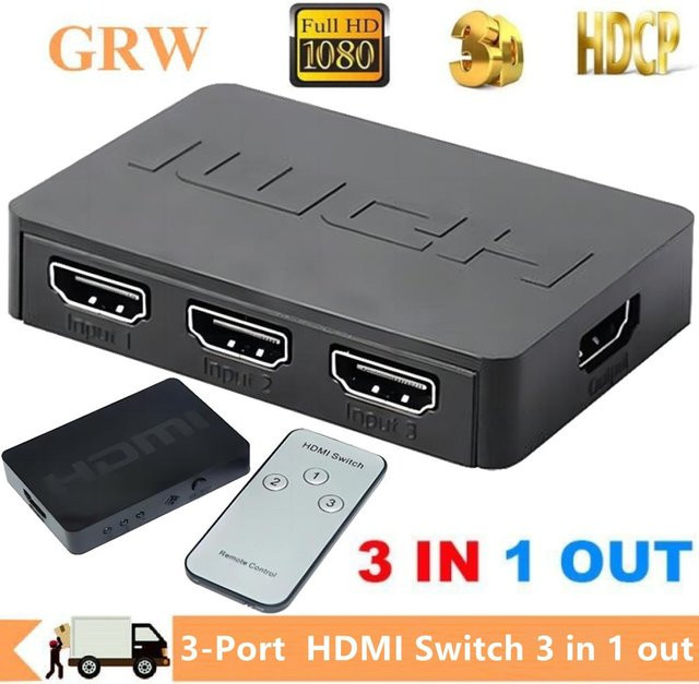 GRWIBEOU HDMI Switcher mit 3 Eingängen und 1 Ausgang, 1080P HDMI Video Splitter Hub Adapter in Schwarz - Bild 1