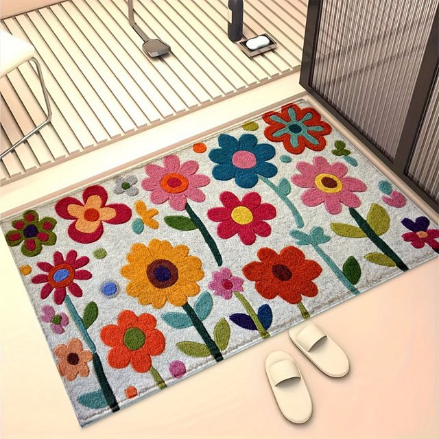 VIKAMA Badezimmerteppich im nordischen minimalistischen Stil, rutschfeste und saugfähige Fußmatte mit floralem Design in Multicolour - Bild 1