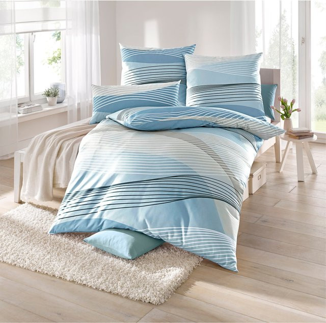 Biberna Bettwäsche aus 100% Baumwolle in Grün mit Kissenbezug und Reißverschluss, bügelfrei, B/H: 135 x 200 cm und 40 x 80 cm - Bild 1