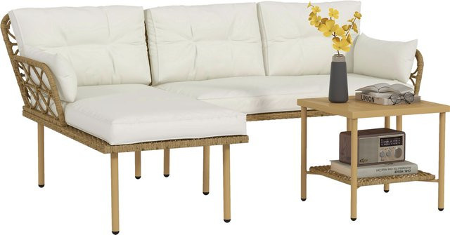 Outsunny Gartensofa-Ecke 3-teilig mit Couchtisch und Kissen aus geflochtenem Rattan in Creme für 4 Personen - Bild 1