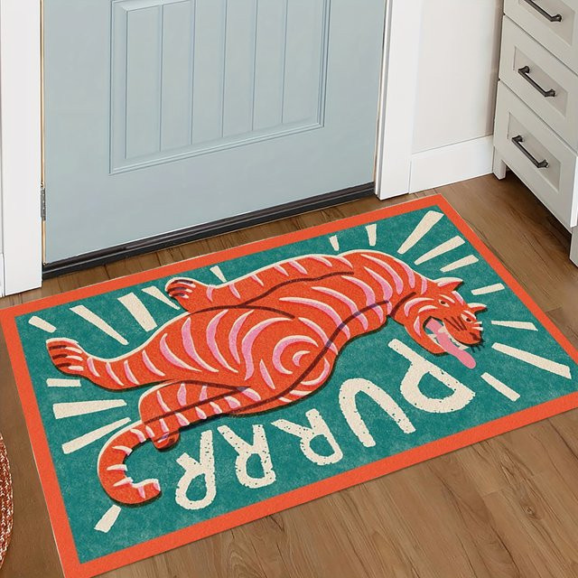 PURRR Retro-Fußmatte mit Tiger-Motiv und karierter Bordüre, Mehrfarbig, Polyester - Bild 1