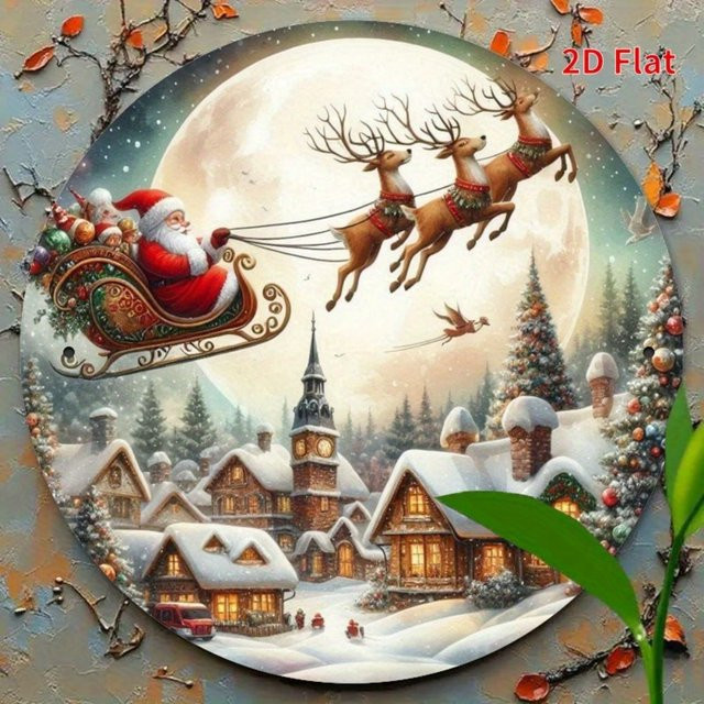 HELLOYOUNG Vintage Weihnachtsmann Schlitten Metall Wanddekoration mit Rentier und Winterdorf, Mehrfarbig, B/H: 20 x 20 cm - Bild 1