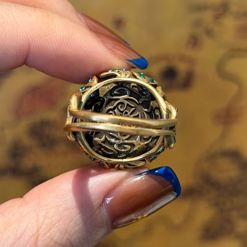 Icareu Ring, Naturstein, Moosgrün, Goldfarben, Strass-Blatt, Damen - Bild 4