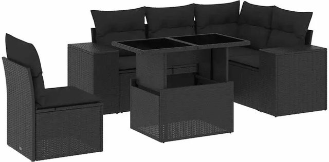 vidaXL 6-teilige Garten-Sofagarnitur in L-Form aus schwarzem Poly-Rattan mit Kissen und pulverbeschichtetem Stahlgestell - Bild 1