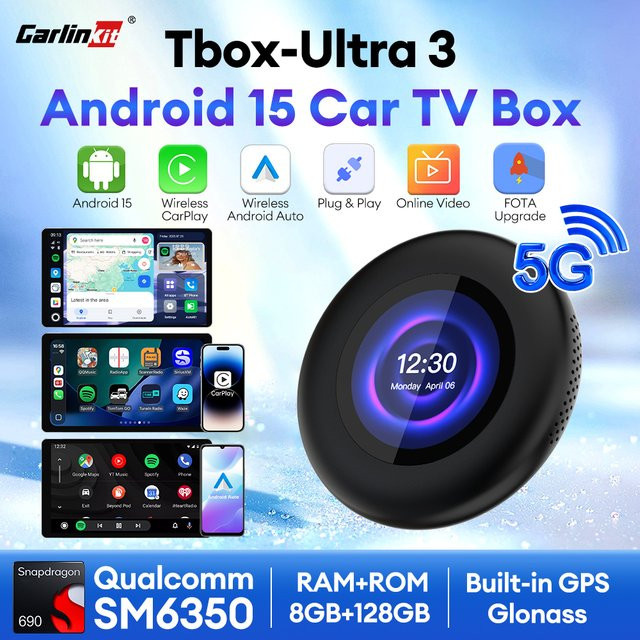 CarlinKit Ultra 3 Android 15 TV-Box mit 8GB RAM und 128GB Speicher, kabelloses CarPlay und Android Auto, 5G LTE Unterstützung, Schwarz - Bild 1