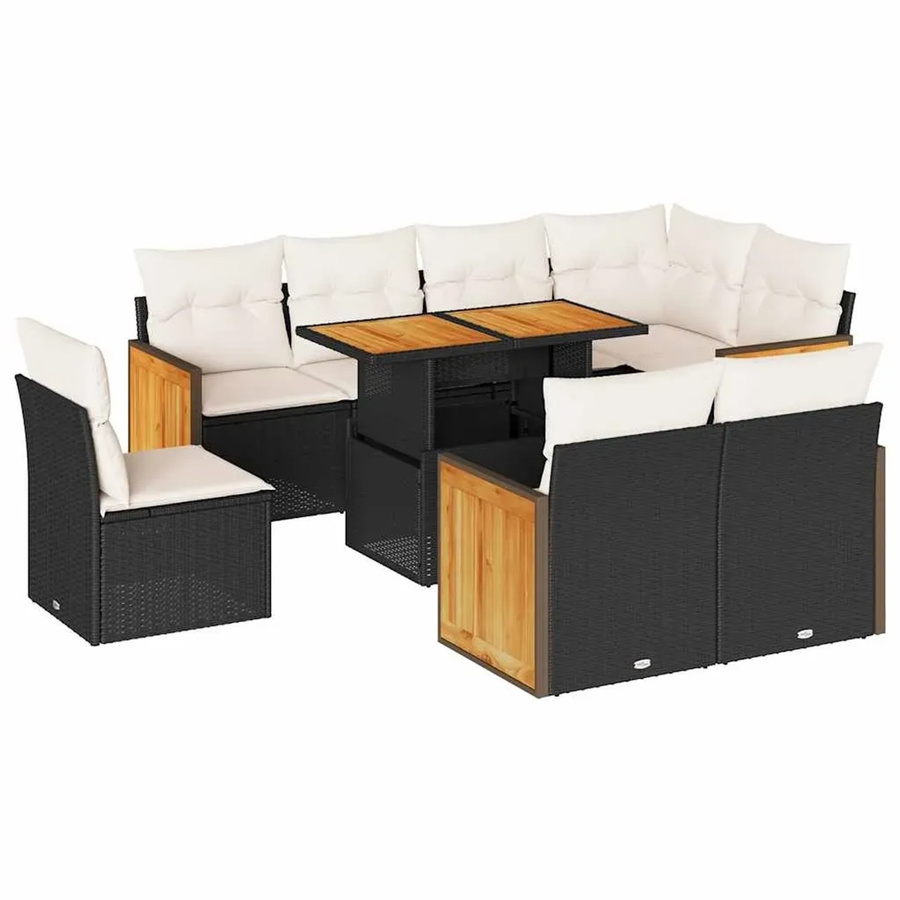 vidaXL 9-teilige Garten-Sofagarnitur aus Poly-Rattan und Akazienholz in Schwarz-Creme mit Kissen - Bild 2
