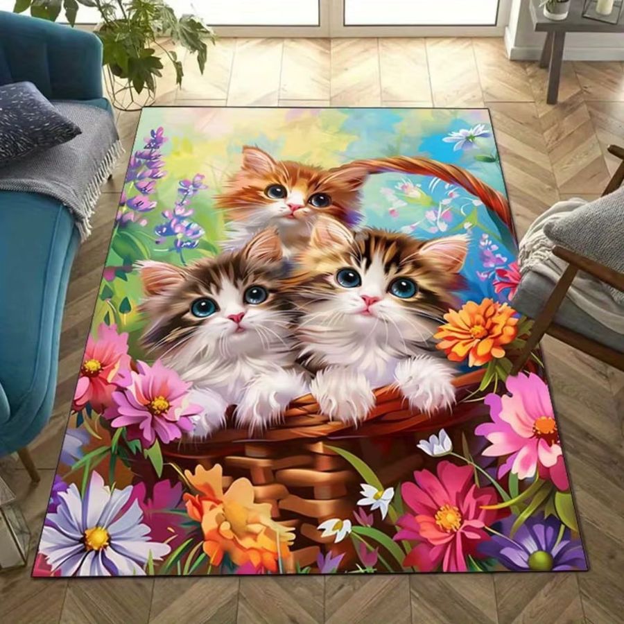 VIKAMA Druckteppich mit floralem Katzenmuster in Multicolor, rutschfeste dekorative Bodenmatte für Wohnzimmer, Schlafzimmer und Kinderspielbereiche - Bild 4
