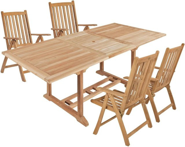 DELUKE Garten-Sitzgruppe MADS 5-tlg. aus Teakholz in Teakbraun, erweiterbarer Esstisch und Stühle für Garten und Terrasse, B/T/H: 103,5 x 100 x 76,5 cm - Bild 1