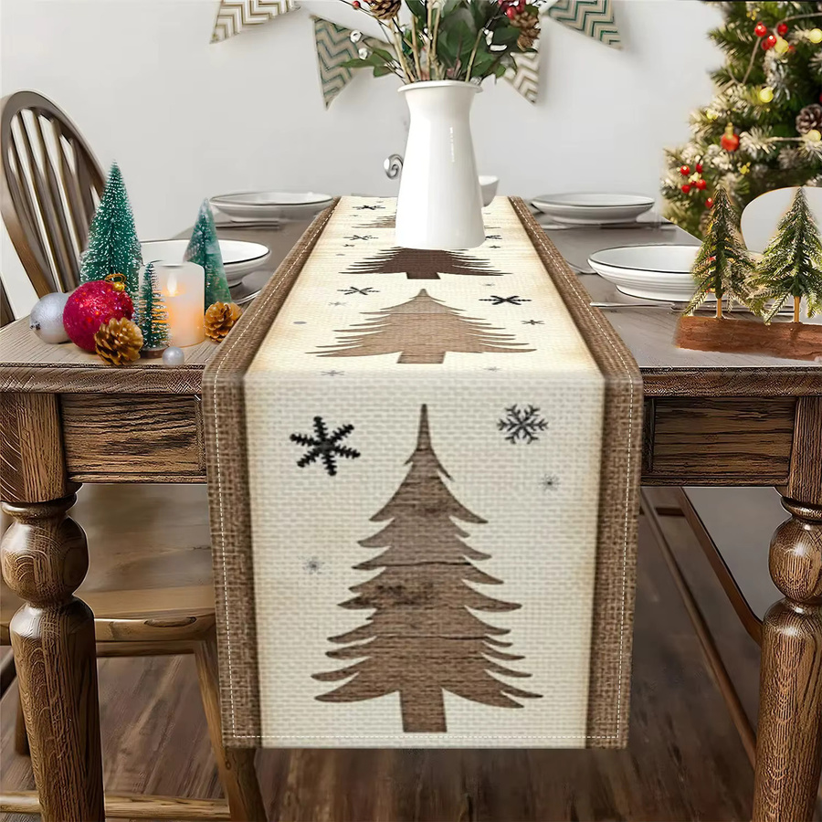 VIKAMA Weihnachts-Tischläufer aus Kiefernholz in Beige mit Vintage-Kiefern und Schneeflocken, B/H: 90 x 33 cm - Bild 2