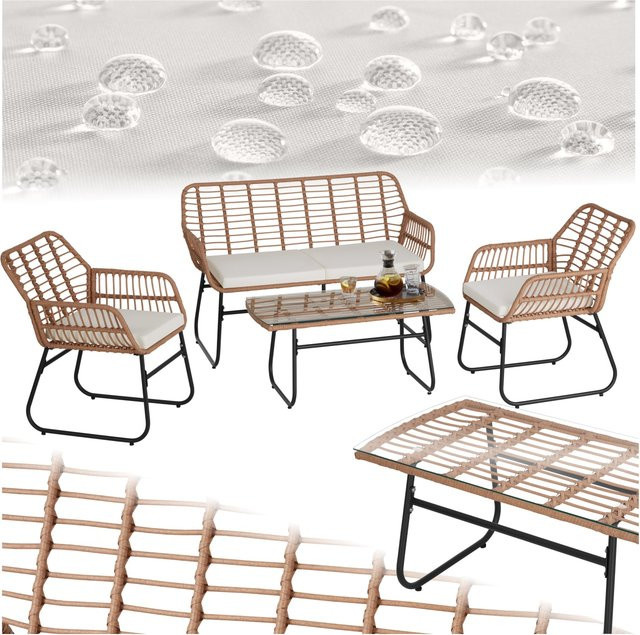 tectake Rattan Sitzgruppe Molfetta XL für 4 Personen in Natur, wetterfestes Rattangeflecht, B/T/H: 119 x 68 x 79 cm - Bild 1