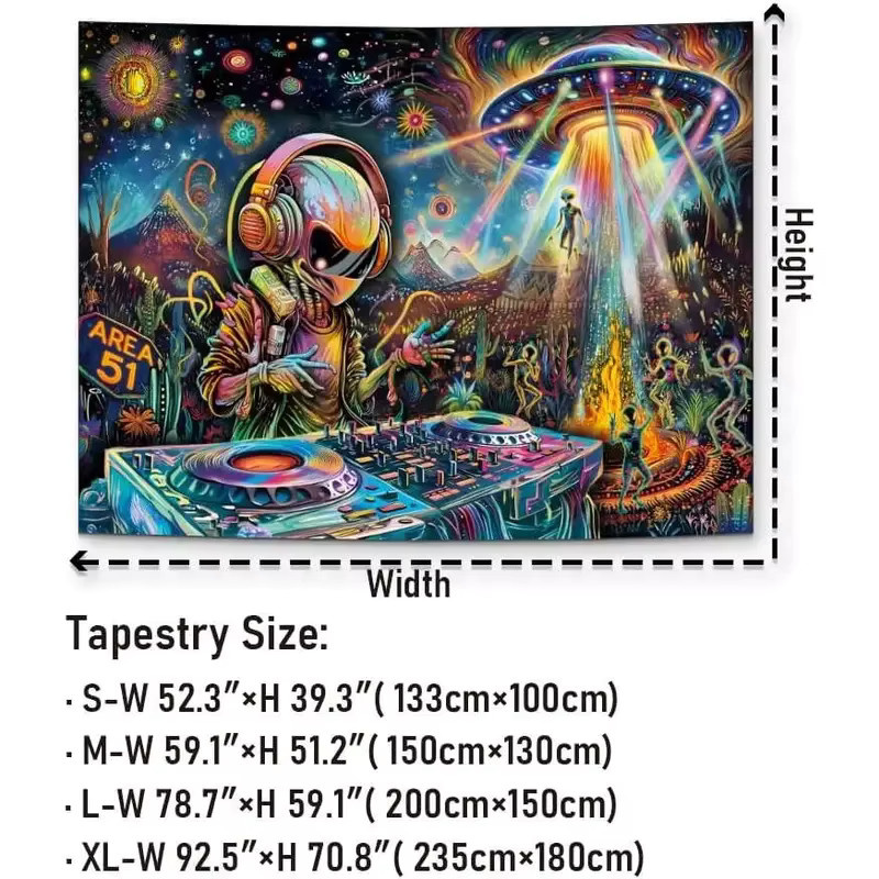 VIKAMA Trippy Alien DJ Wandteppich mit UFO-Motiv in Multicolour, B/H: 60 x 40 cm - Bild 4