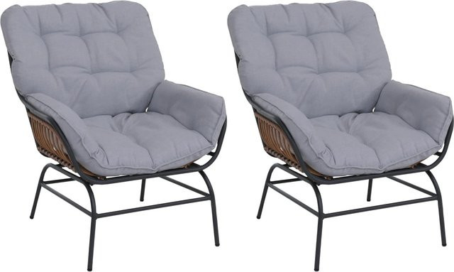 2er-Set MCW Loungestuhl P75 Relaxstuhl aus Poly-Rattan mit Metallgestell und Polsterung in Dunkelgrau und Hellgrau - Bild 2