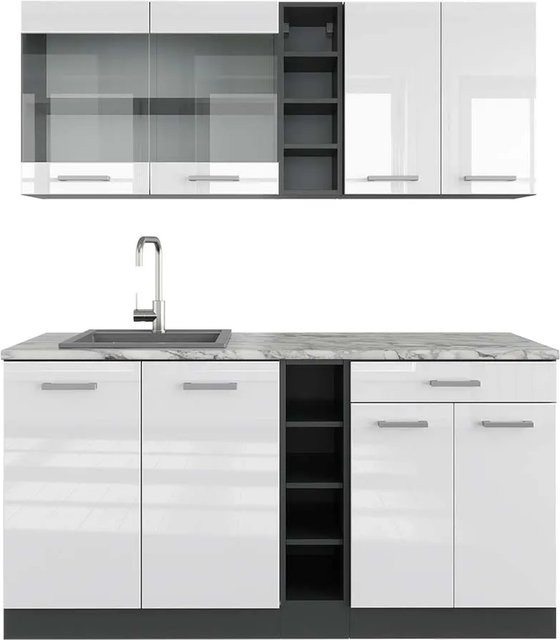 Vicco R-Line Singleküche Weiß Hochglanz Anthrazit mit Marmor-Optik Breite: 160 cm - Bild 1