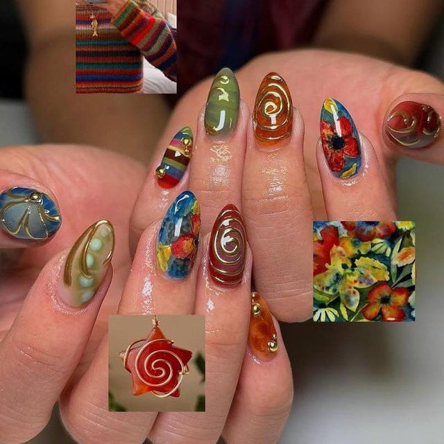 Glamour Nails Falschnägel Mandel, 24 Stück, Bunte Blumen, Glänzend, Damen - Bild 1