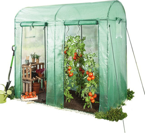Powertec Garden Tomatengewächshaus in Grün mit 2 Toren, 4 Fenstern, Fliegengittern und UV-beständiger Folie, B/T/H: 200 x 100 x 150/180 cm