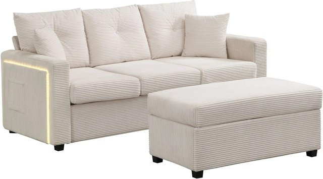 Merax L-Sofa 3-Sitzer mit LED-Beleuchtung und Stauraum, modular und wendbar, Beige - Bild 1