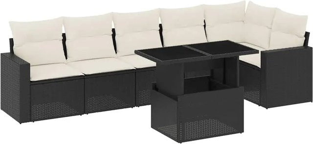 vidaXL 7-tlg. Garten-Sofagarnitur in L-Form aus Poly-Rattan und pulverbeschichtetem Stahl mit Kissen in Schwarz-Creme - Bild 1