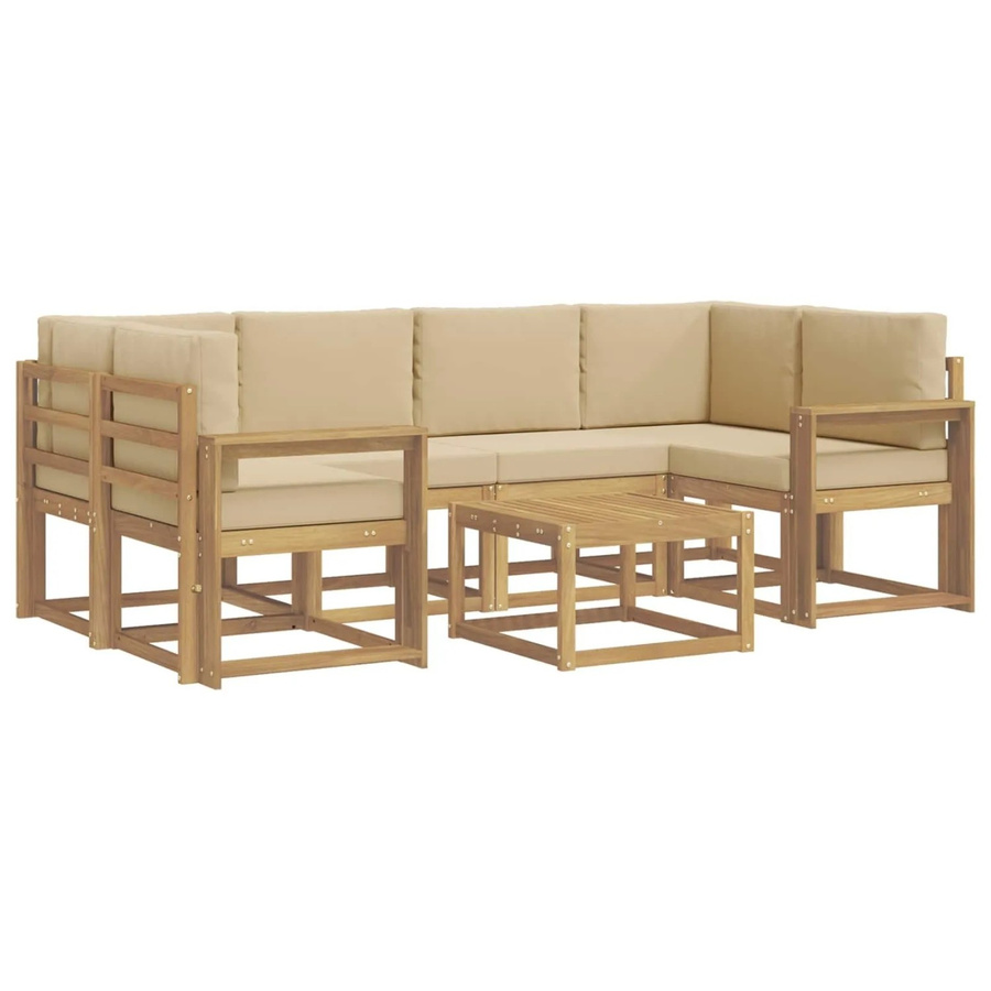vidaXL Outdoor-Sofagarnitur aus Akazienholz in L-Form mit Kissen und Couchtisch, 7-teilig, Weiß, Beige und Braun - Bild 2