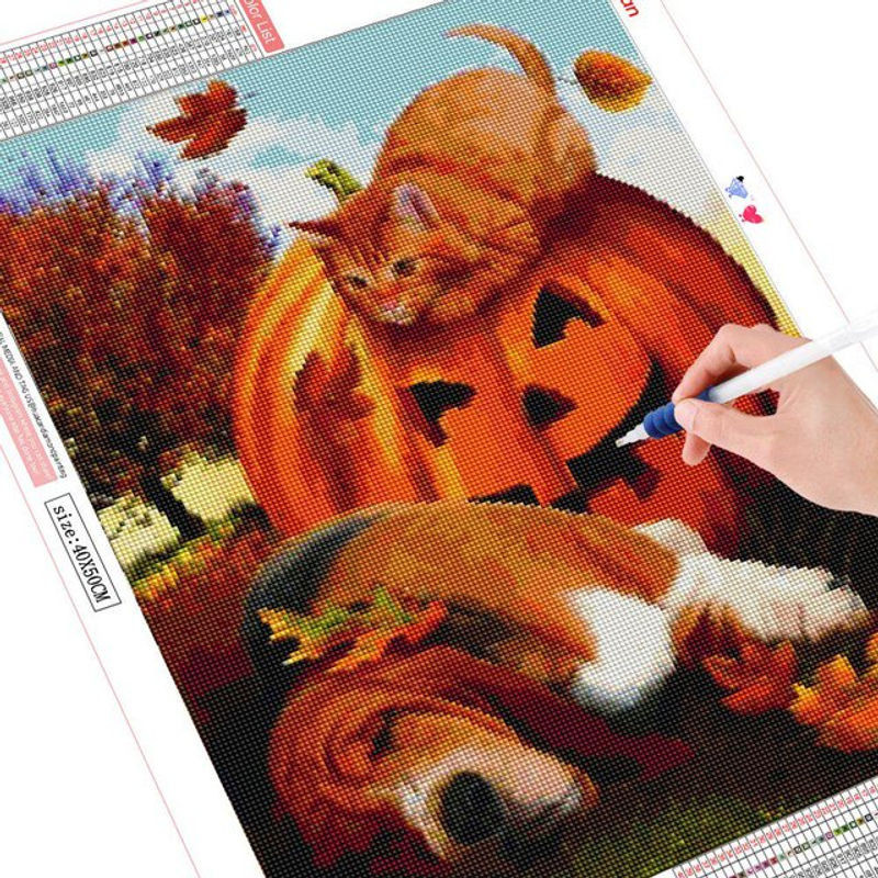 FIYO Diamond Painting Set mit Katzenmotiv für Halloween, 5D Stickerei mit quadratischen oder runden Perlen, Mehrfarbig, B x H: 20 x 30 cm - Bild 1