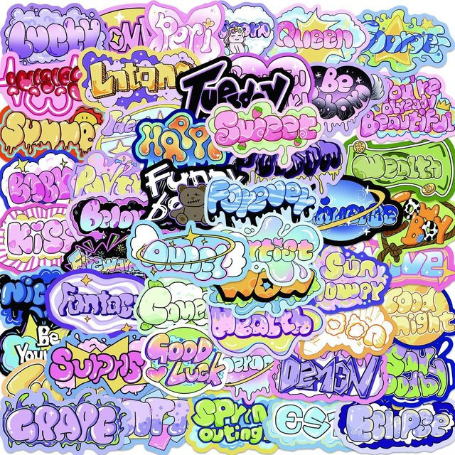 50 Stück Wasserfeste Graffiti-Aufkleber mit Cartoon Text Phrasen in Multicolour für Helm, Fahrrad und Notizbuch - Bild 1