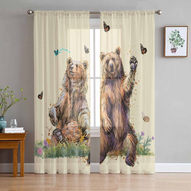 Bär Schmetterling Wiese Transparente Vorhänge aus Tüll und Organza in Weiß, Breite: 135 cm, Höhe: 115 cm - Bild 1