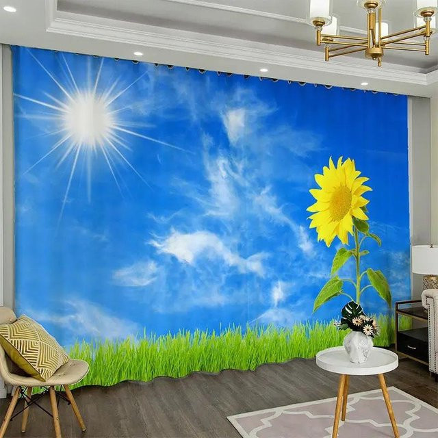 2er-Set Yiran Furniture Vorhänge mit Strandlandschaft-Print in Blau, UV-beständig, B: 100 cm, H: 160 cm - Bild 1