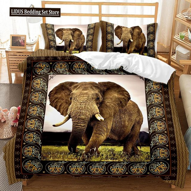 Bettwäsche Set mit Elefant-Motiv für Kinder, Bettbezug und Kissenbezug aus Mikrofaser, Braun, B/H: 135 x 200 cm - Bild 1
