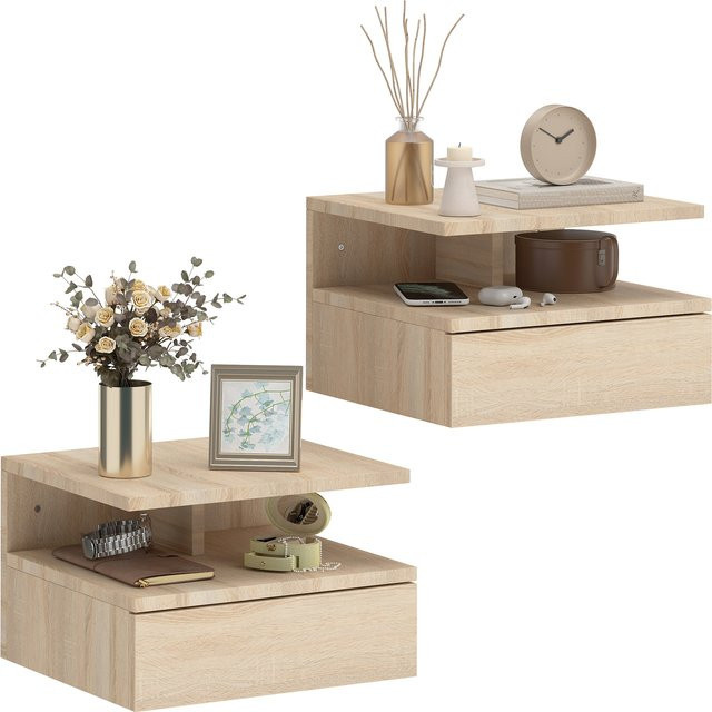 Homcom Set aus 2 schwebenden Nachttischen mit Schublade, moderne Wandmontage für Schlafzimmer und Wohnzimmer, Farbe: Eiche/Braun, B/T/H: 35 x 32 x 22,5 cm - Bild 1