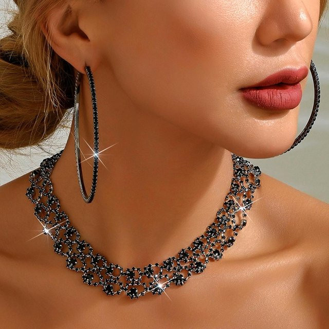 YIRAN Jewelry Schmuck-Set, Halsketten, Ohrringe, Kupfer, Kristall, Schwarz, Damen - Bild 1