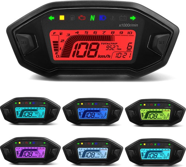 MAIMEIMI Universal Motorrad Digital Tacho mit 7 Farben LED Armaturenbrett und Blinkerleuchten in Schwarz und Multicolour - Bild 1