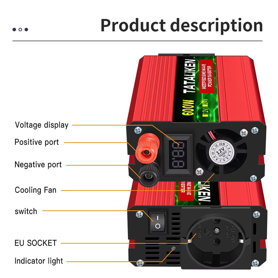 TATALIKEN Modifizierter Sinuswellen-Wechselrichter DC12V zu AC 220V 500W-4000W 50HZ Stromwandler Solar-Auto-Transformator mit LED-Anzeige in Rot - Bild 3