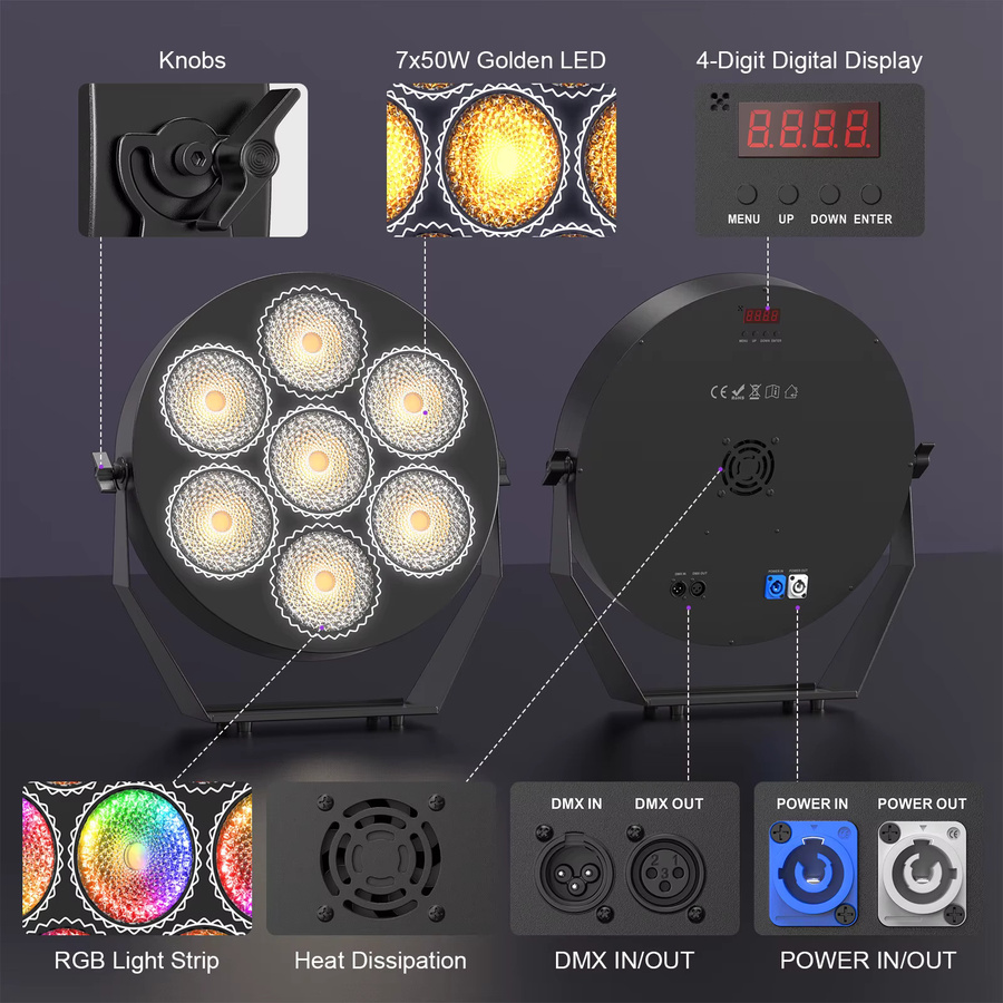 U'King RGB LED Retro Bühnenlicht in Gold/Messing mit 7x50W, DMX512 Strobe Effekt Lineares Vintagelicht für DJ, Disco und Show - Bild 5