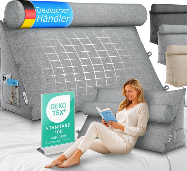 ELONEO Rückenkissen Grau mit verstellbarer und abnehmbarer Nackenrolle, dreieckiges Keilkissen für Bett und Sofa mit waschbarem Bezug und Seitenfach, Breite: 90 cm - Bild 1
