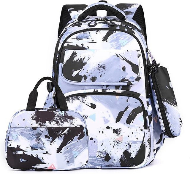 3-teiliges Set Schulrucksack mit Brotdose und Federmäppchen für Mädchen und Jungen in Schwarz und Multicolour - Bild 1