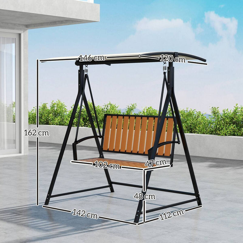 Outsunny Hollywoodschaukel 2-Sitzer aus Metall mit verstellbarem Sonnendach, Schwarz/Beige, B/T/H: 142 x 112 x 162 cm - Bild 3